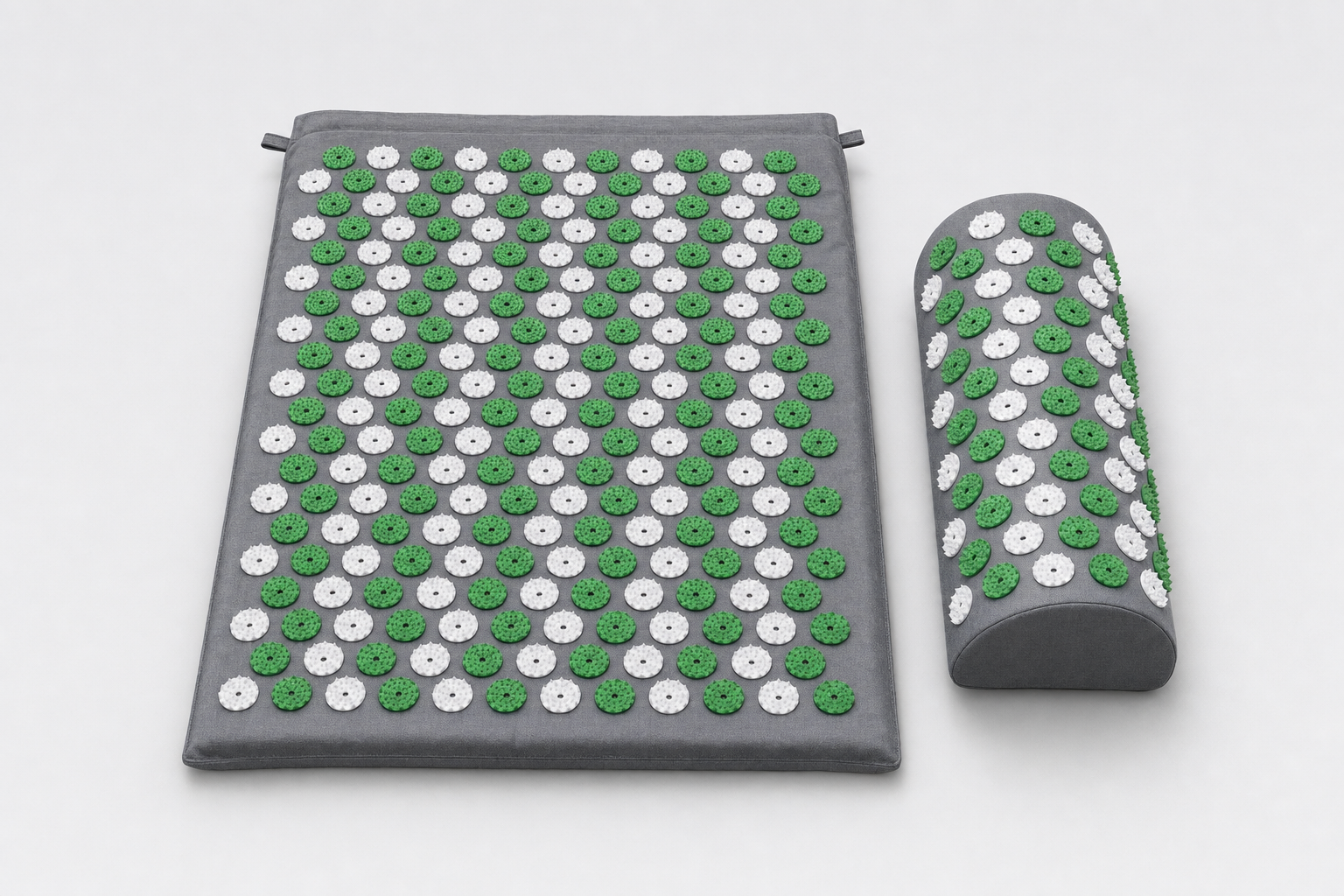 Sereva Acupressure Mat & Pillow Set in grey with green and white spike discs