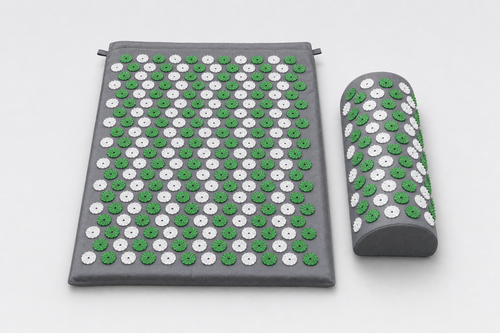 Sereva Acupressure Mat & Pillow Set in grey with green and white spike discs